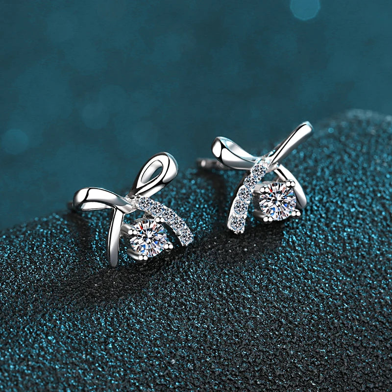 Sterling Silver Bow Earrings with VVS Moissanite Diamonds - 14K White Gold Studs