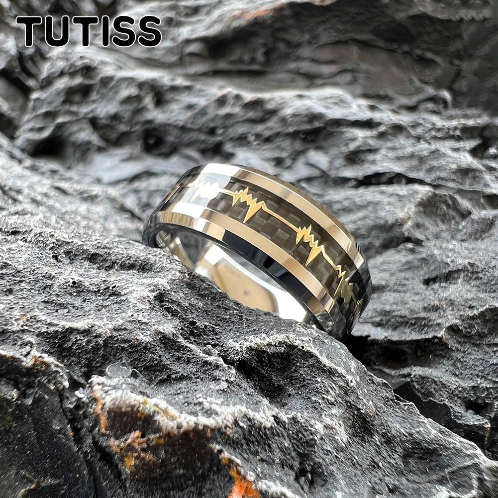 TUTISS 8mm Gold Tungsten Ring with Heartbeat Black Carbon Fiber Inlay