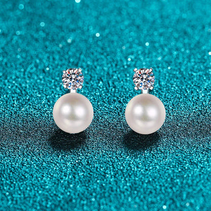 Sterling Silver Moissanite Stud Earrings with 8-9mm Freshwater Pearl