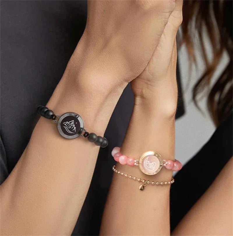 Mountain & Sea Touch Bracelets for Couples with Black Agate & Pink Persian Jade - Set of 2