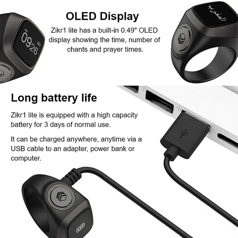 Zikr1 Lite Smart Tasbih Ring: OLED Display, Prayer Time Reminder, Bluetooth Connectivity, Long Battery Life, USB Charging - 5 Prayer Count Tracking