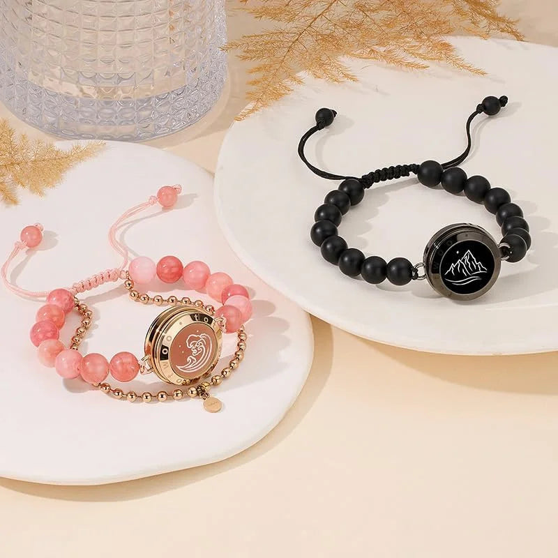 Mountain & Sea Touch Bracelets for Couples with Black Agate & Pink Persian Jade - Set of 2