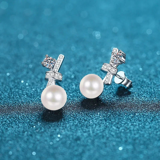 Loriele Freshwater Pearl Earrings with Genuine Moissanite - 925 Sterling Silver Wedding Studs