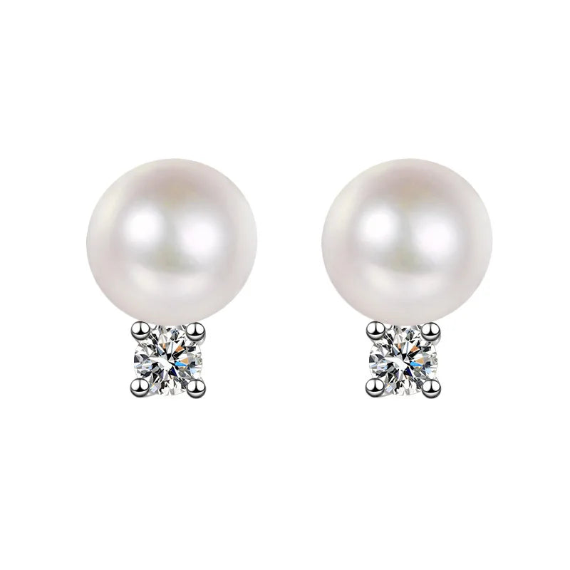 Sterling Silver Moissanite Stud Earrings with 8-9mm Freshwater Pearl