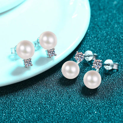 Sterling Silver Moissanite Stud Earrings with 8-9mm Freshwater Pearl