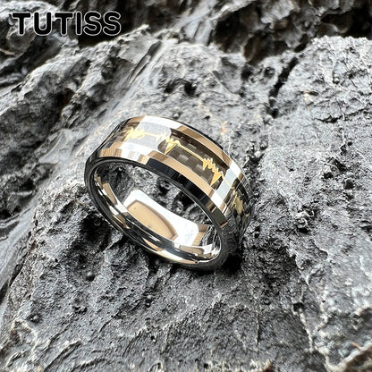 TUTISS 8mm Gold Tungsten Ring with Heartbeat Black Carbon Fiber Inlay