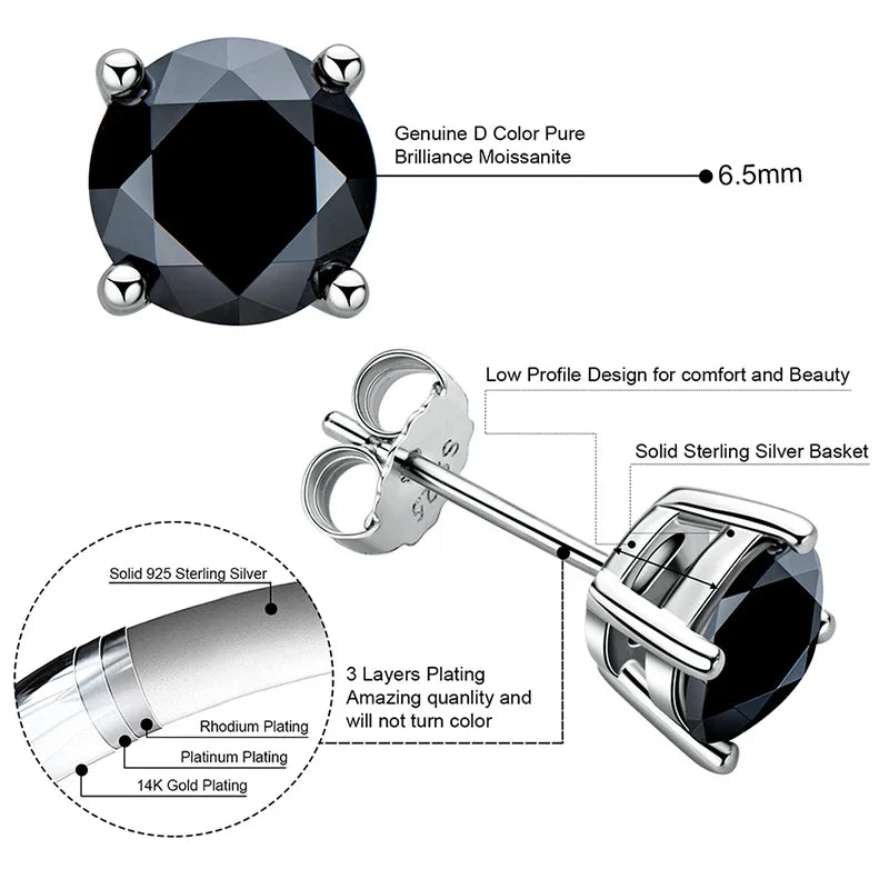 Loriele Schwarze Moissanit-Ohrstecker, 6,5 mm Solitärdiamant in D-Farbe, 925er Sterlingsilber