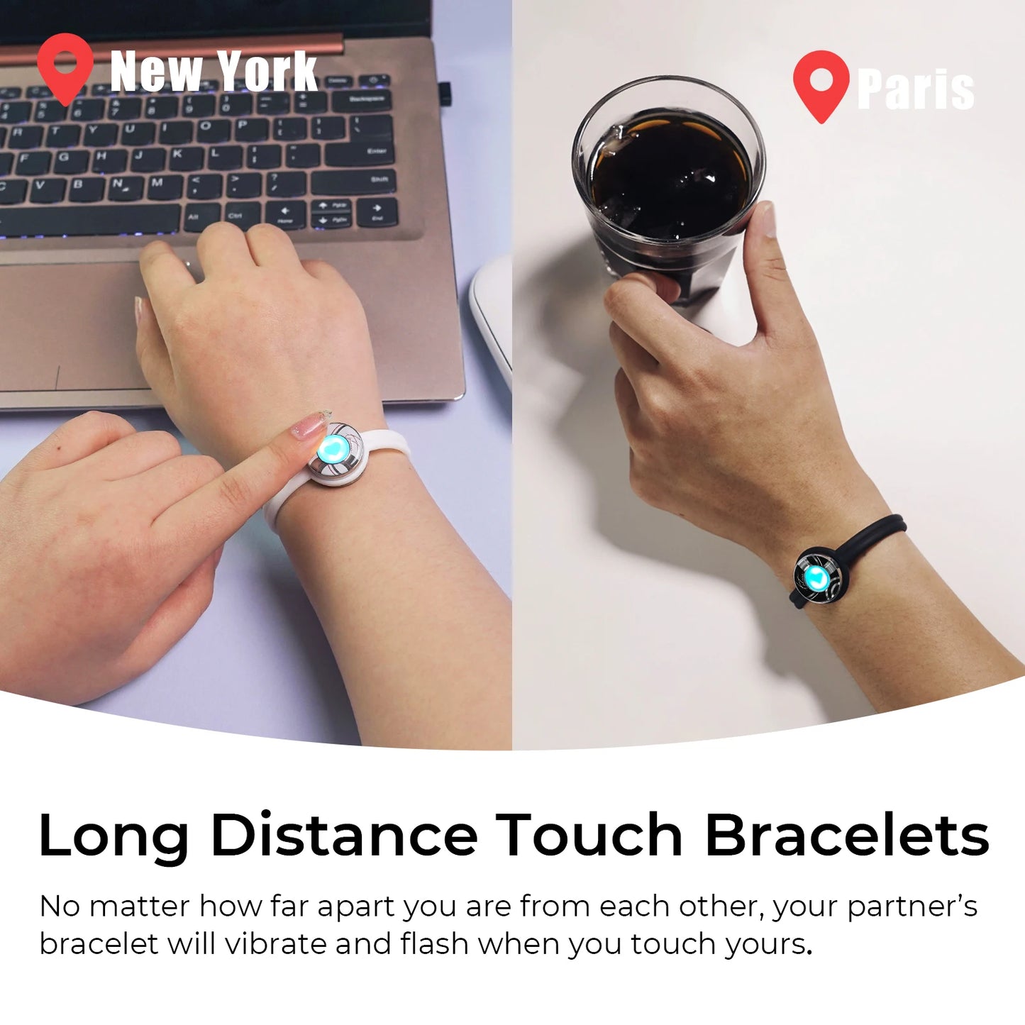 Touch Bracelets for Couples: 2 Smart Jewelry, Vibration & Light, Waterproof, 1 Yr Warranty