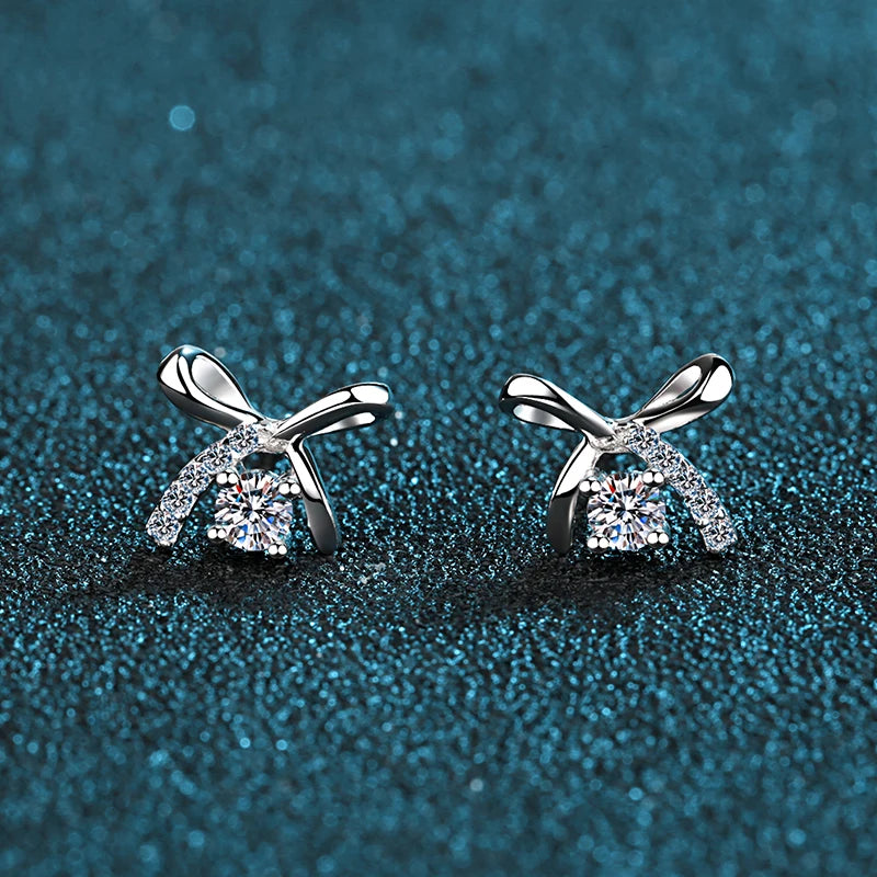 Sterling Silver Bow Earrings with VVS Moissanite Diamonds - 14K White Gold Studs